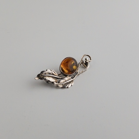 Sterling Silver Modernist Brooch Pin Baltic Amber Stone Hallmark Gdansk Poland - Picture 4 of 11